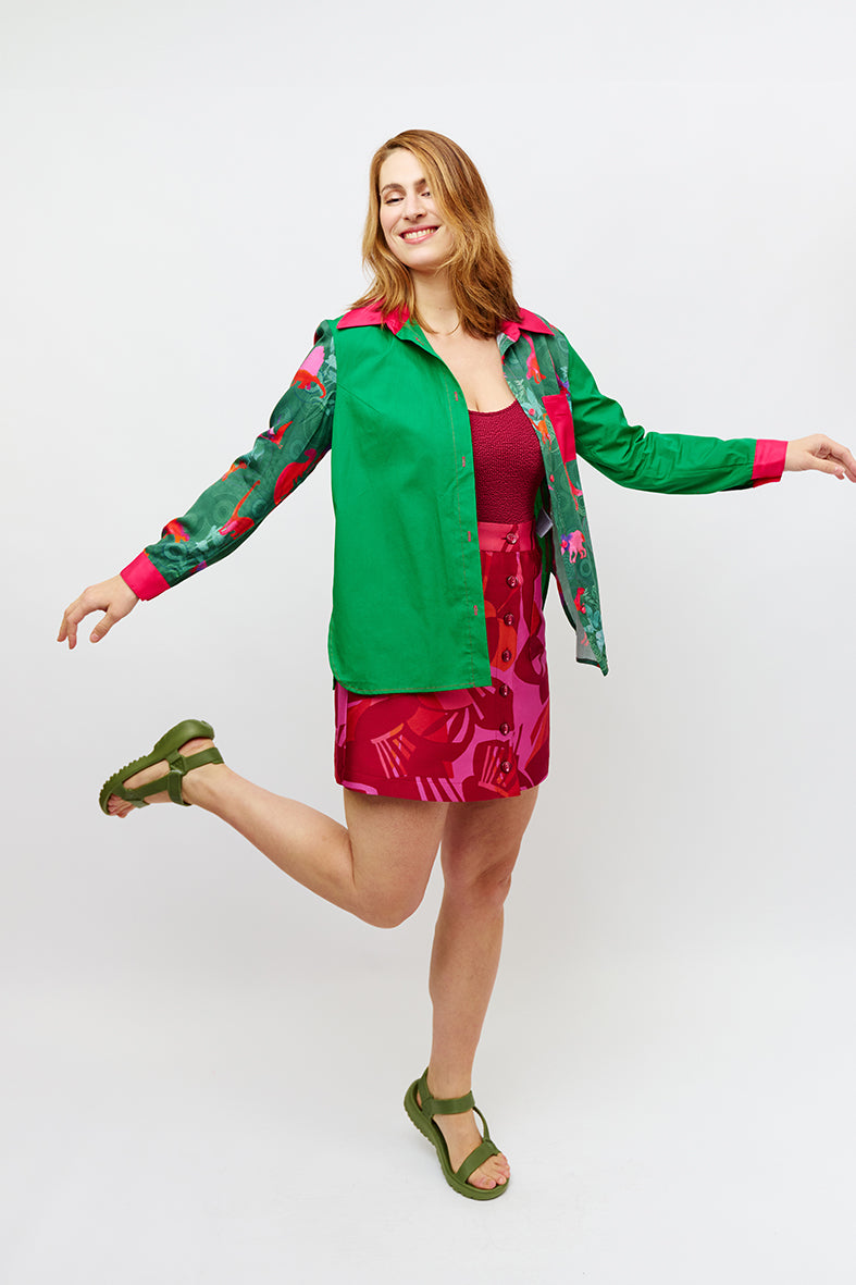 Sur-chemise upcyclée en patchwork Jurassic park / vert sublime / rose pep's