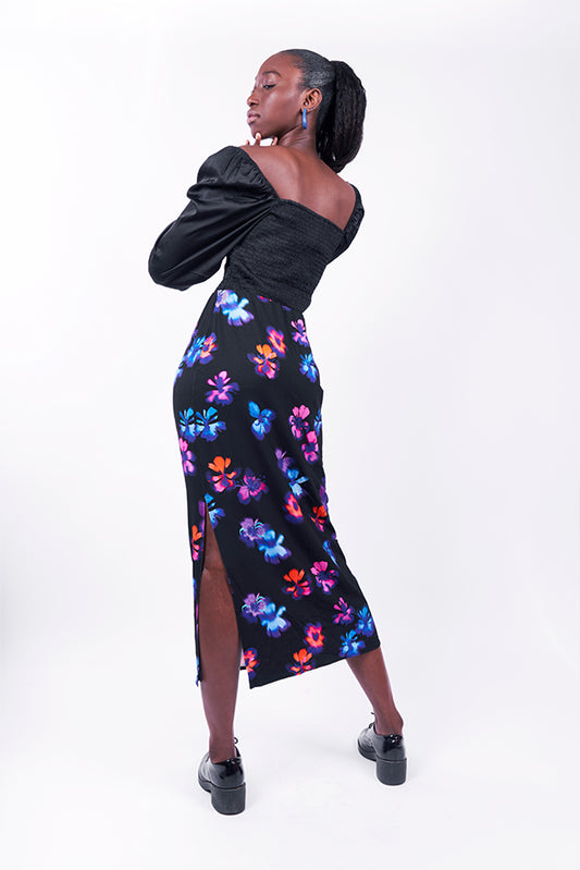 Jupe longue en maille motif floral "Olala" Fleurs floues