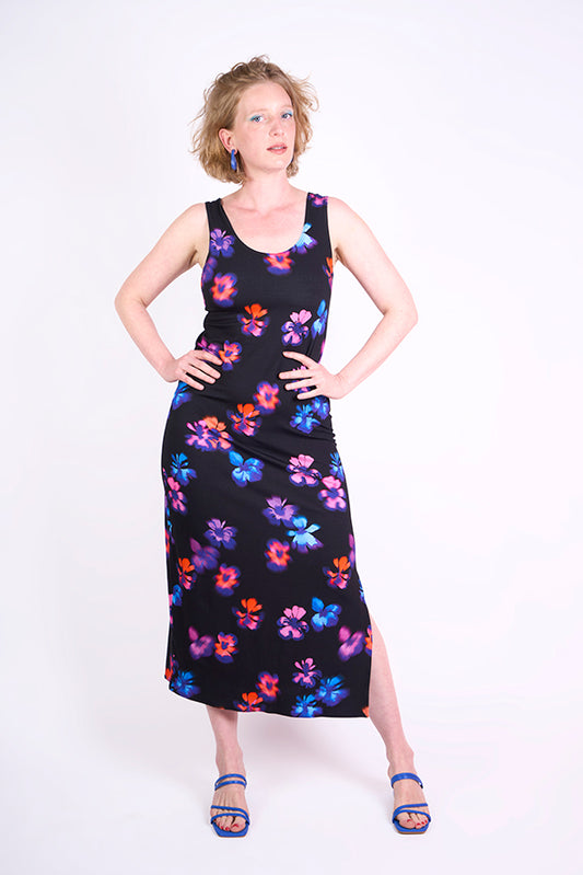 Robe longue en maille "Marcelle" motif Fleurs floues