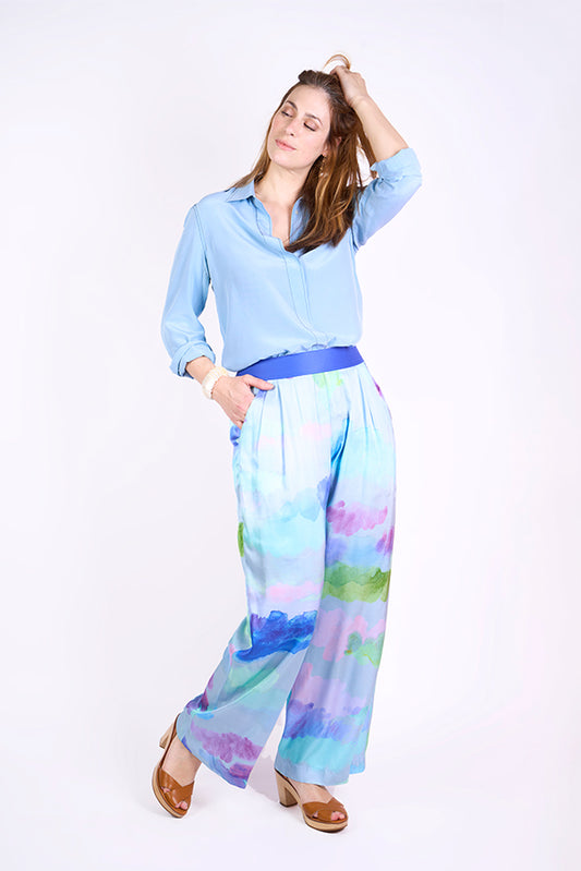 Pantalon fluide "Riviera" motif Ciel