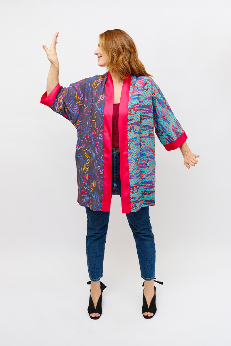 Kimono upcyclé en patchwork Ouistiti / Toxic / Rose pep's