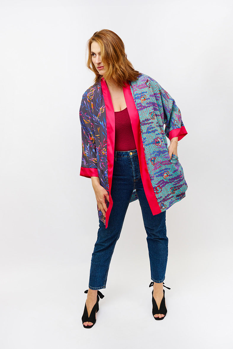 Kimono upcyclé en patchwork Ouistiti / Toxic / Rose pep's