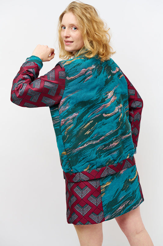 Veste bombers "Copaine" upcyclée en patchwork Wax / Fossile