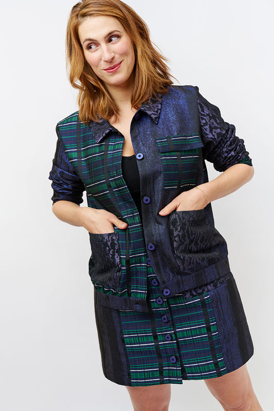 Veste bombers "Copaine" upcyclée en patchwork Lochness / Bleu nuit mystérieuse / Clouds