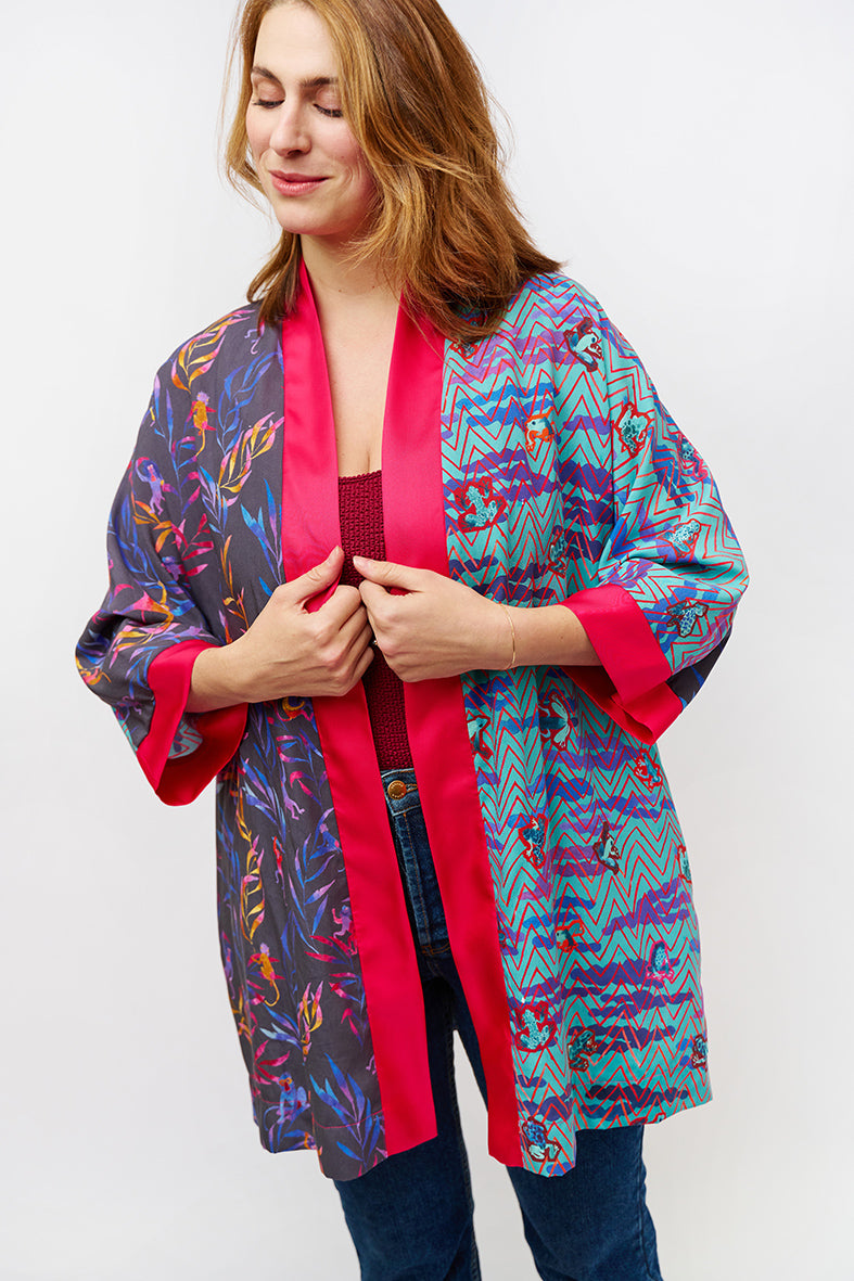 Kimono upcyclé en patchwork Ouistiti / Toxic / Rose pep's