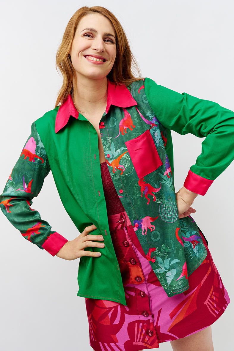 Sur-chemise upcyclée en patchwork Jurassic park / vert sublime / rose pep's