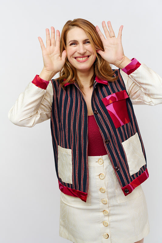 Veste bombers "Copaine" upcyclée en patchwork Cricket / Pop / Chantilly