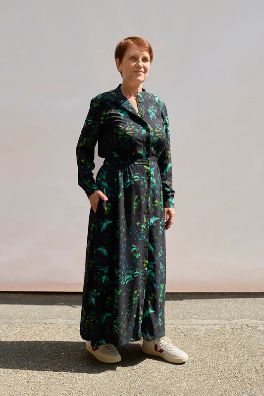Robe longue "Givrée" allure d'héroïne motif Sous-bois