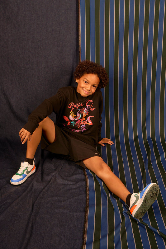 Sweat bébé fond bleu marine et enfant fond noir motif "Bayou"