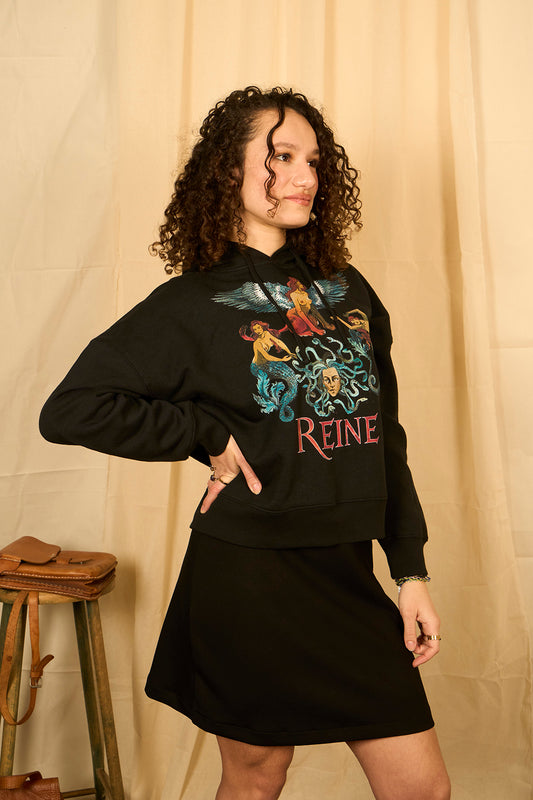 Sweat hoodie à capuche large crop coupe boxy motif "Reine - Hystérical tour" noir imprimé couleur