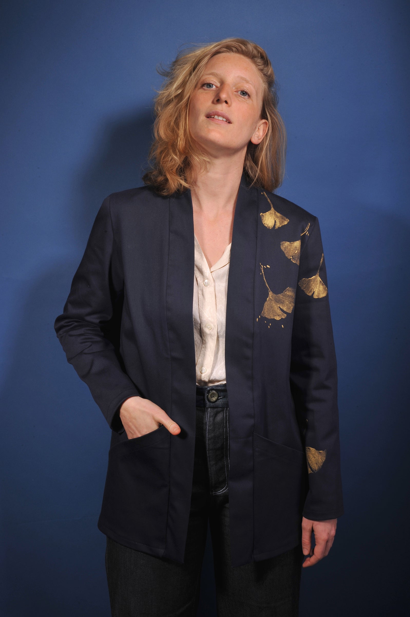 Veste kimono minuit* empreintes de ginkgo