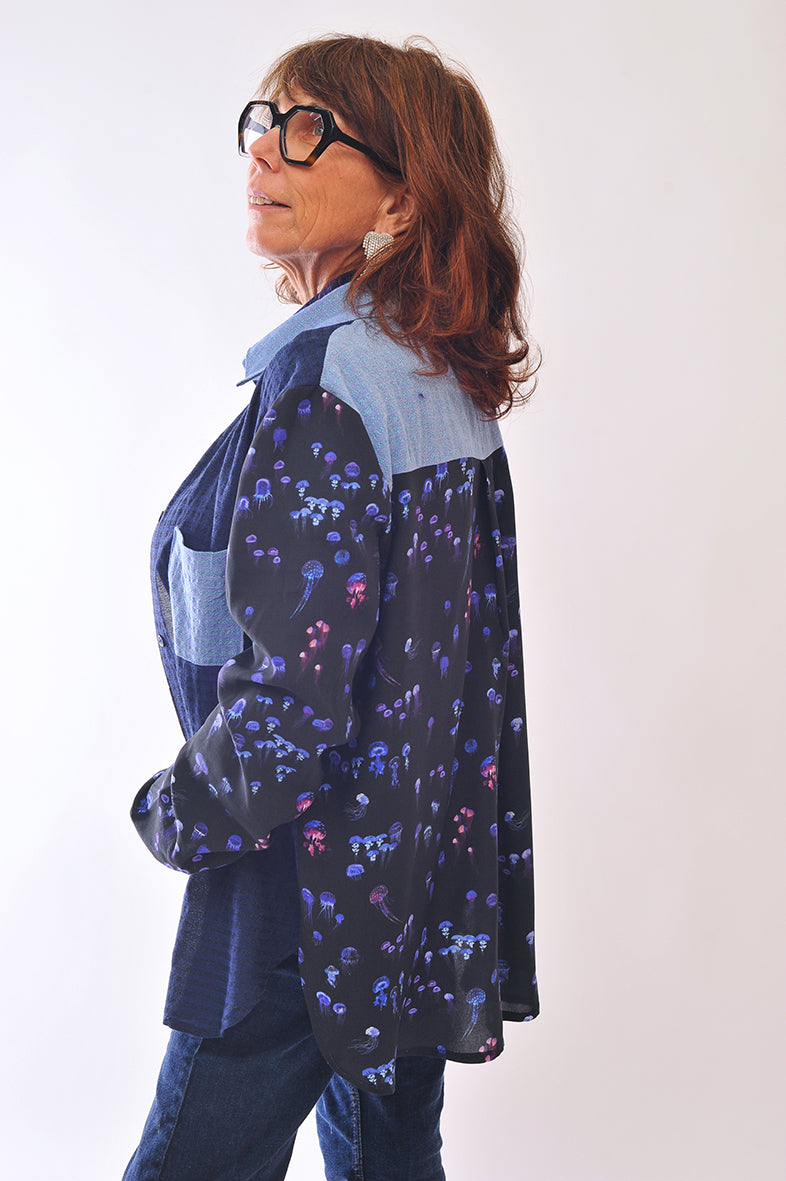 Sur-chemise UP TO YOU patchwork Méduses / bleu nuit lurex / Bleu pervenche lurex
